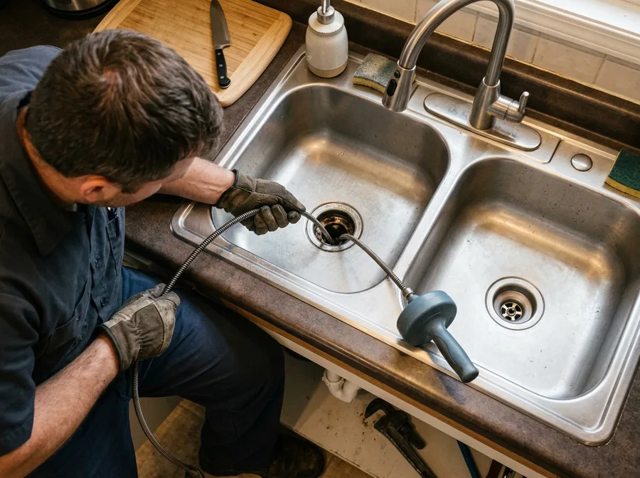 Plumber using a drain snake in a clogged kitchen sink drain