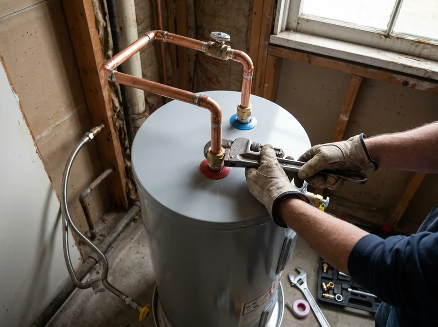 New water heater tank being connected with copper pipes in a utility room