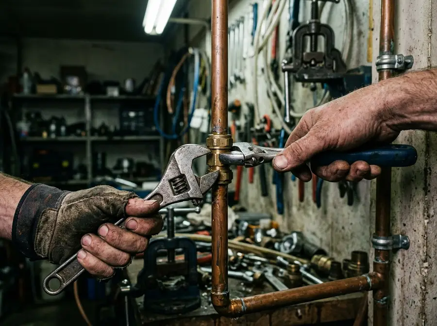 Plumber's hands tightening a compression fitting on a copper pipe