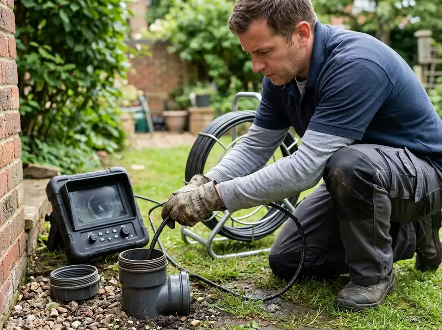 Plumber feeding a camera inspection cable into a sewer cleanout outside