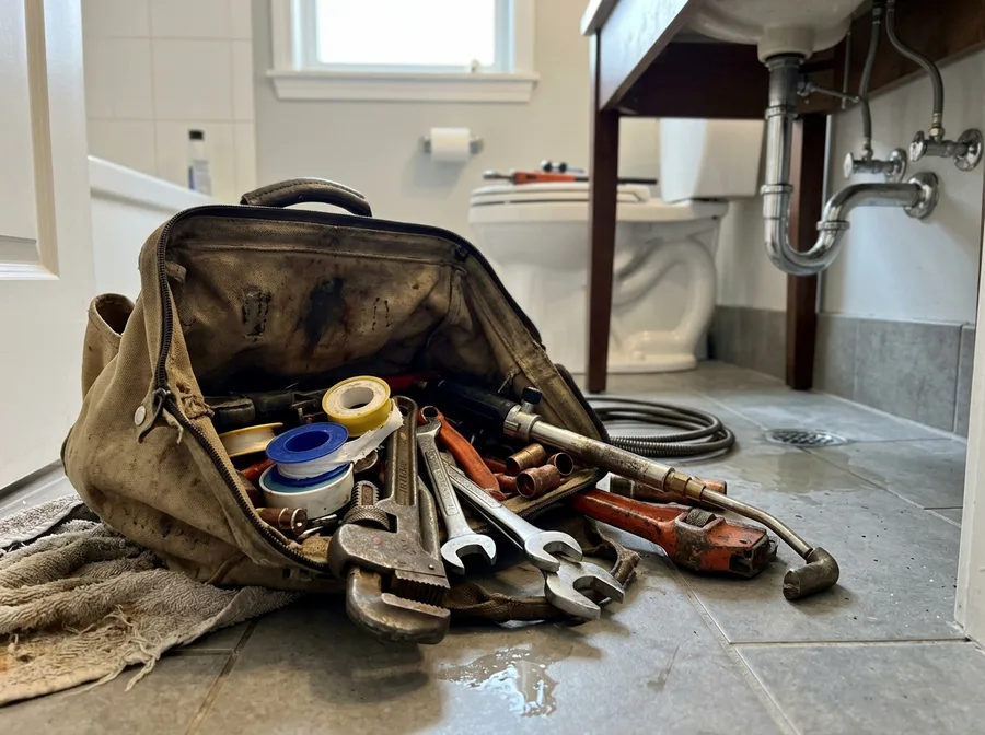 Plumber's tool bag open on a bathroom floor beside a toilet