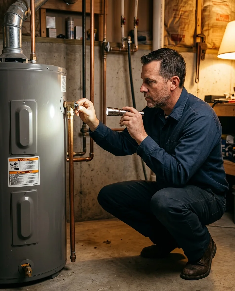 Plumber checking the pressure relief valve on a water heater with a flashlight