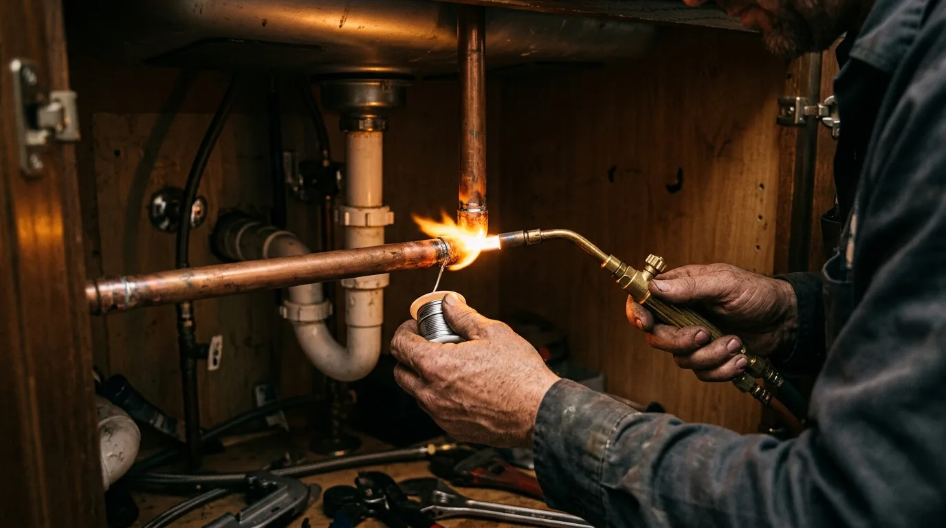 Plumber soldering a copper pipe joint under a sink, torch flame lighting the fitting