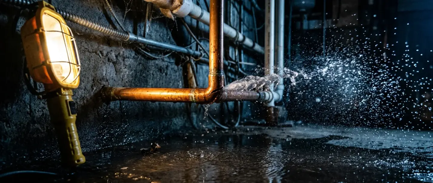 Water spraying from a split copper pipe in a dark basement, work lamp lighting the spray